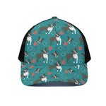 Cartoon Boston Terrier Flower Print Black Mesh Trucker Cap