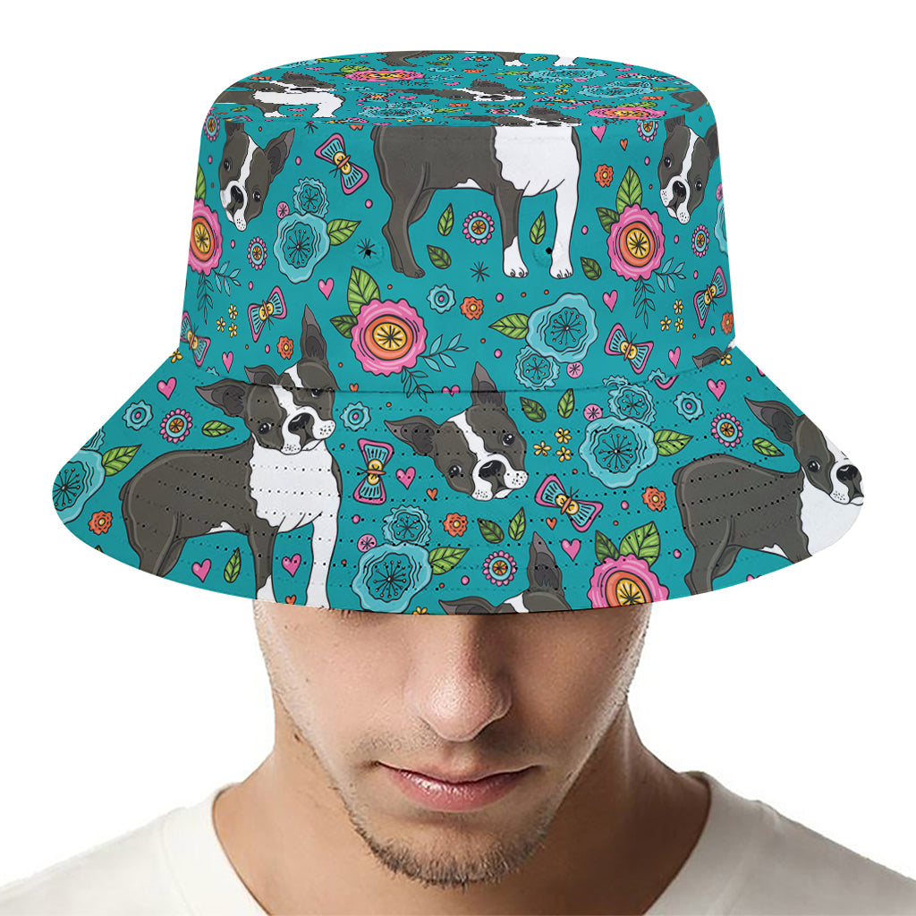 Cartoon Boston Terrier Flower Print Bucket Hat