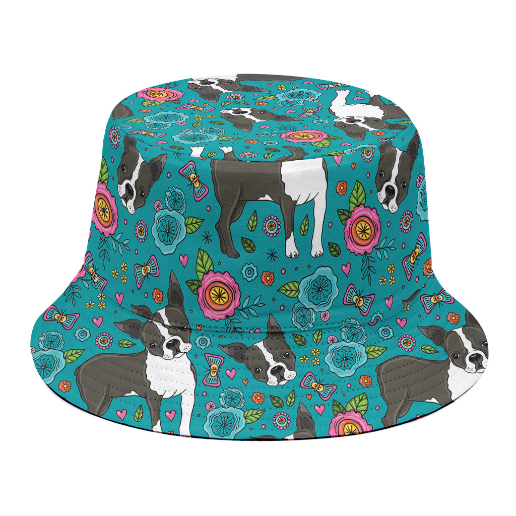 Cartoon Boston Terrier Flower Print Bucket Hat