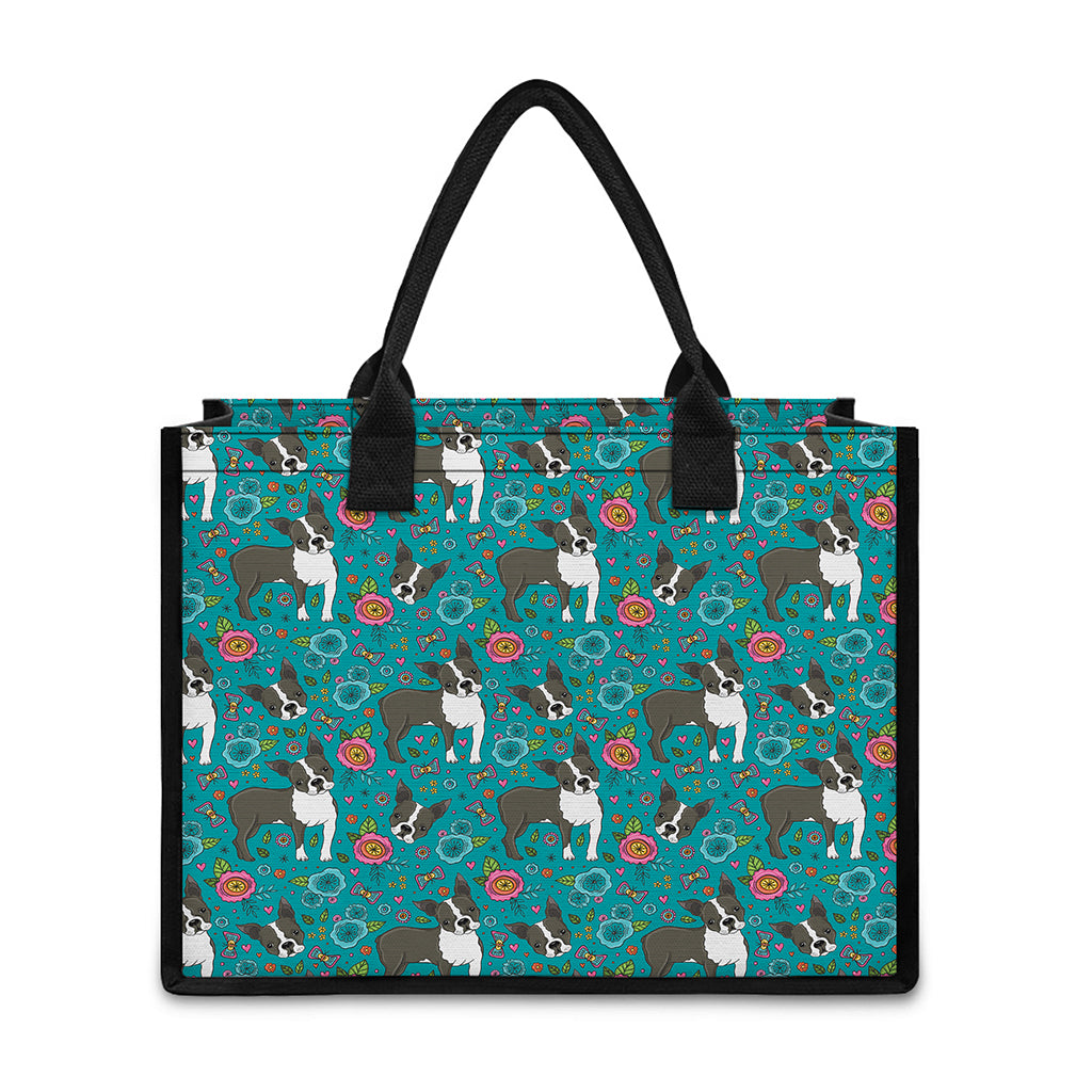 Cartoon Boston Terrier Flower Print Canvas Tote Bag
