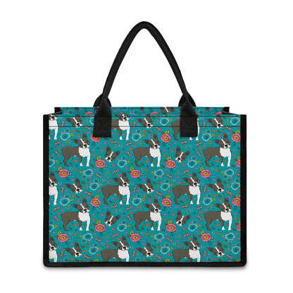 Cartoon Boston Terrier Flower Print Canvas Tote Bag