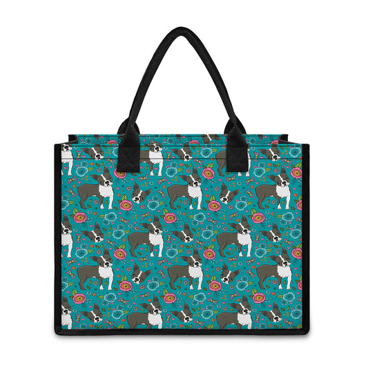 Cartoon Boston Terrier Flower Print Canvas Tote Bag