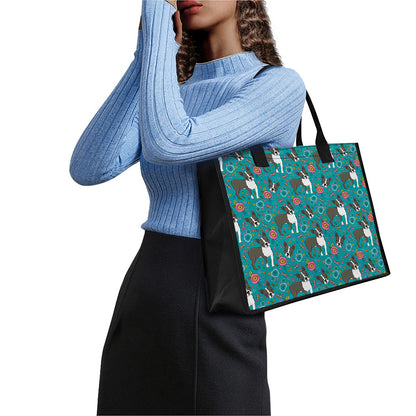 Cartoon Boston Terrier Flower Print Canvas Tote Bag