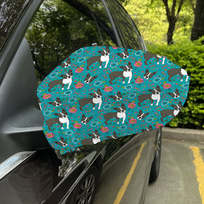 Cartoon Boston Terrier Flower Print Car Side Mirror Covers