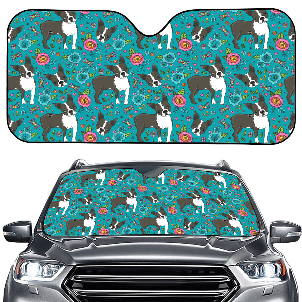 Cartoon Boston Terrier Flower Print Car Windshield Sun Shade