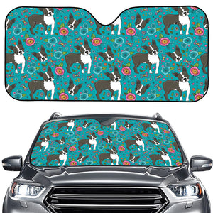 Cartoon Boston Terrier Flower Print Car Windshield Sun Shade