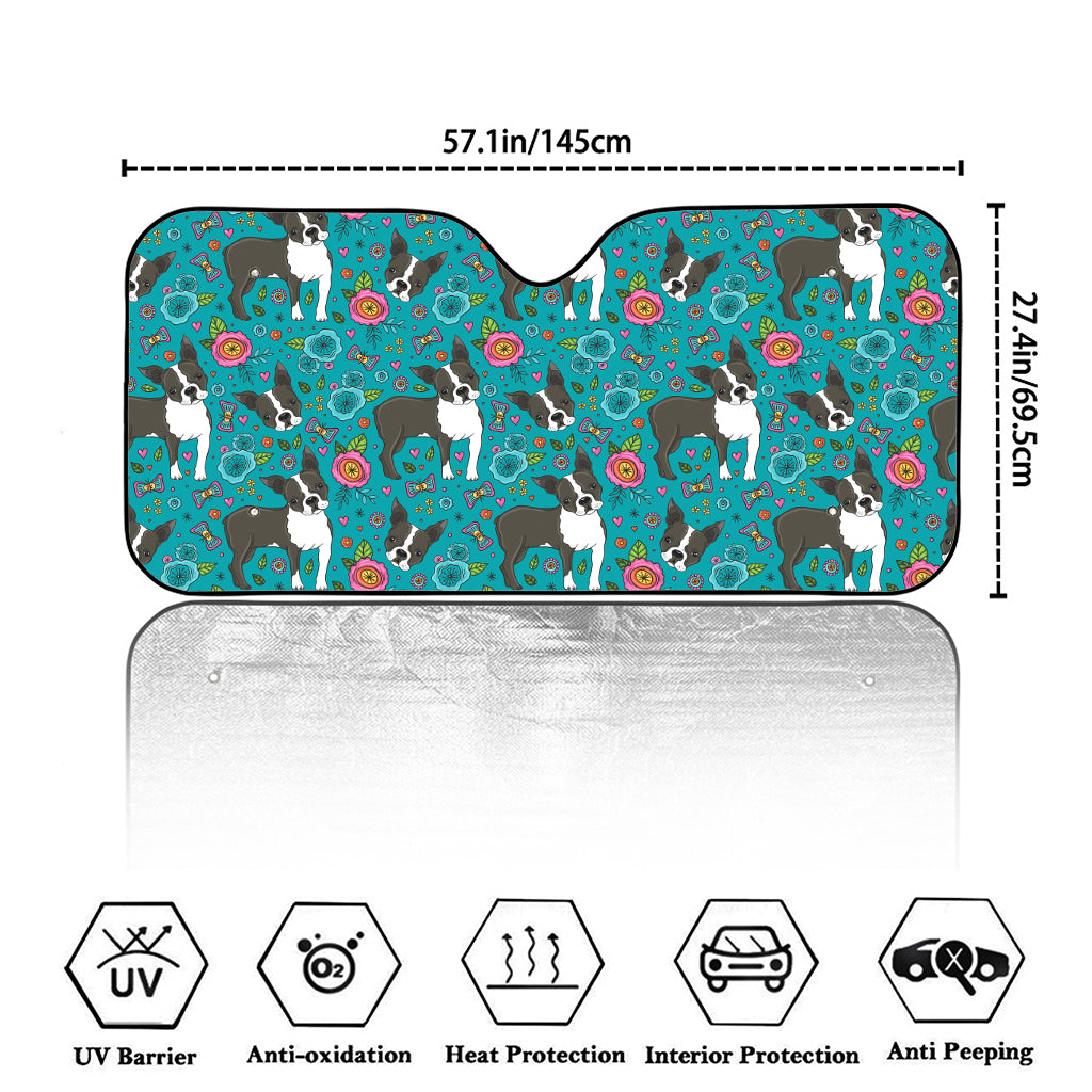 Cartoon Boston Terrier Flower Print Car Windshield Sun Shade