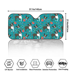 Cartoon Boston Terrier Flower Print Car Windshield Sun Shade