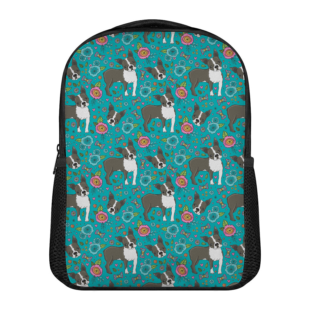 Cartoon Boston Terrier Flower Print Casual Backpack