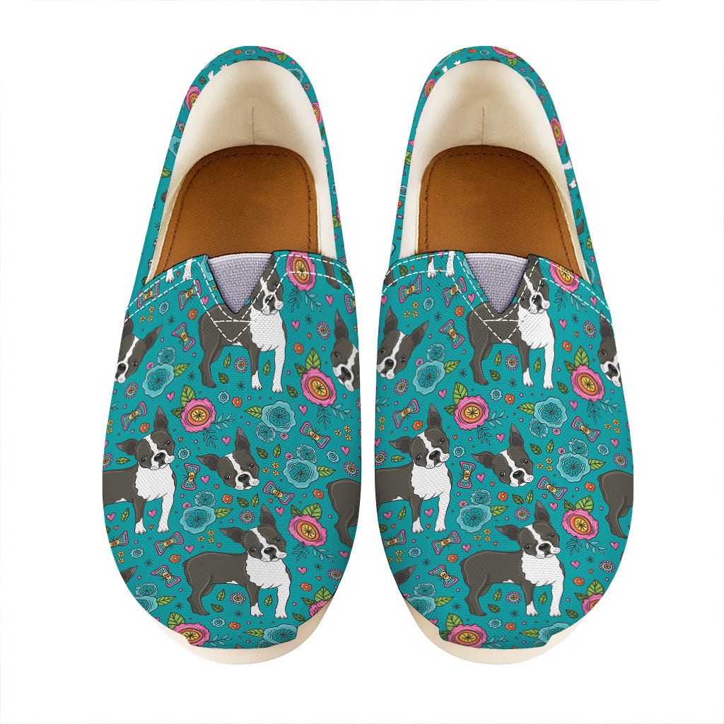 Cartoon Boston Terrier Flower Print Casual Shoes