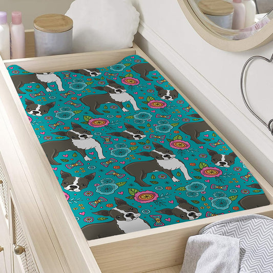 Cartoon Boston Terrier Flower Print Changing Pad Cover