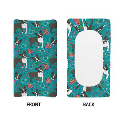 Cartoon Boston Terrier Flower Print Changing Pad Cover