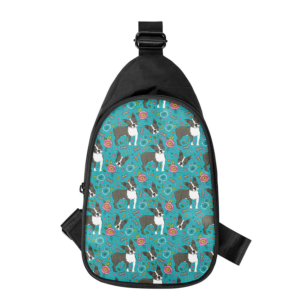 Cartoon Boston Terrier Flower Print Chest Bag