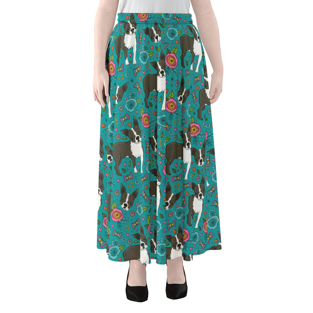 Cartoon Boston Terrier Flower Print Chiffon Maxi Skirt