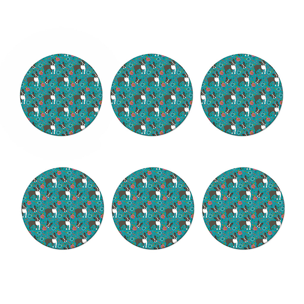 Cartoon Boston Terrier Flower Print Coaster Set