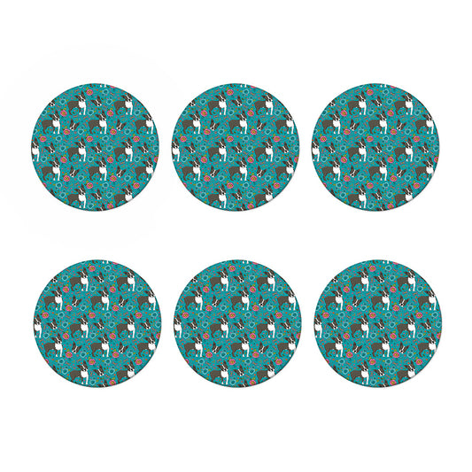 Cartoon Boston Terrier Flower Print Coaster Set