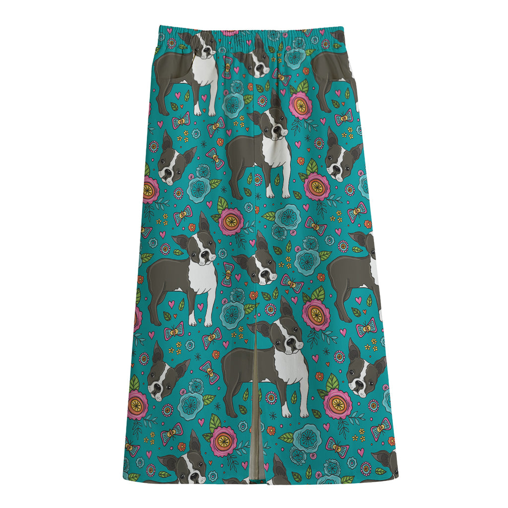 Cartoon Boston Terrier Flower Print Cotton Front Slit Maxi Skirt