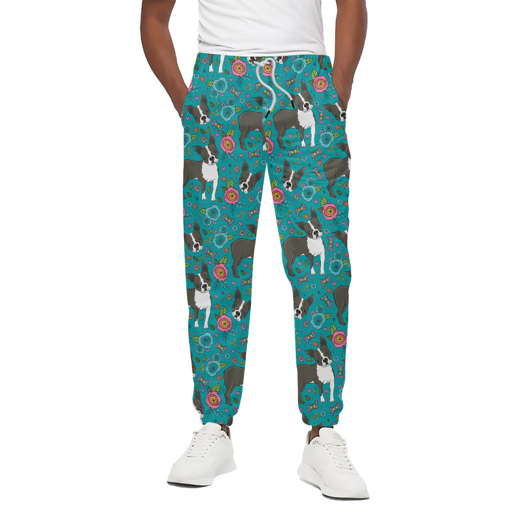 Cartoon Boston Terrier Flower Print Cotton Pants