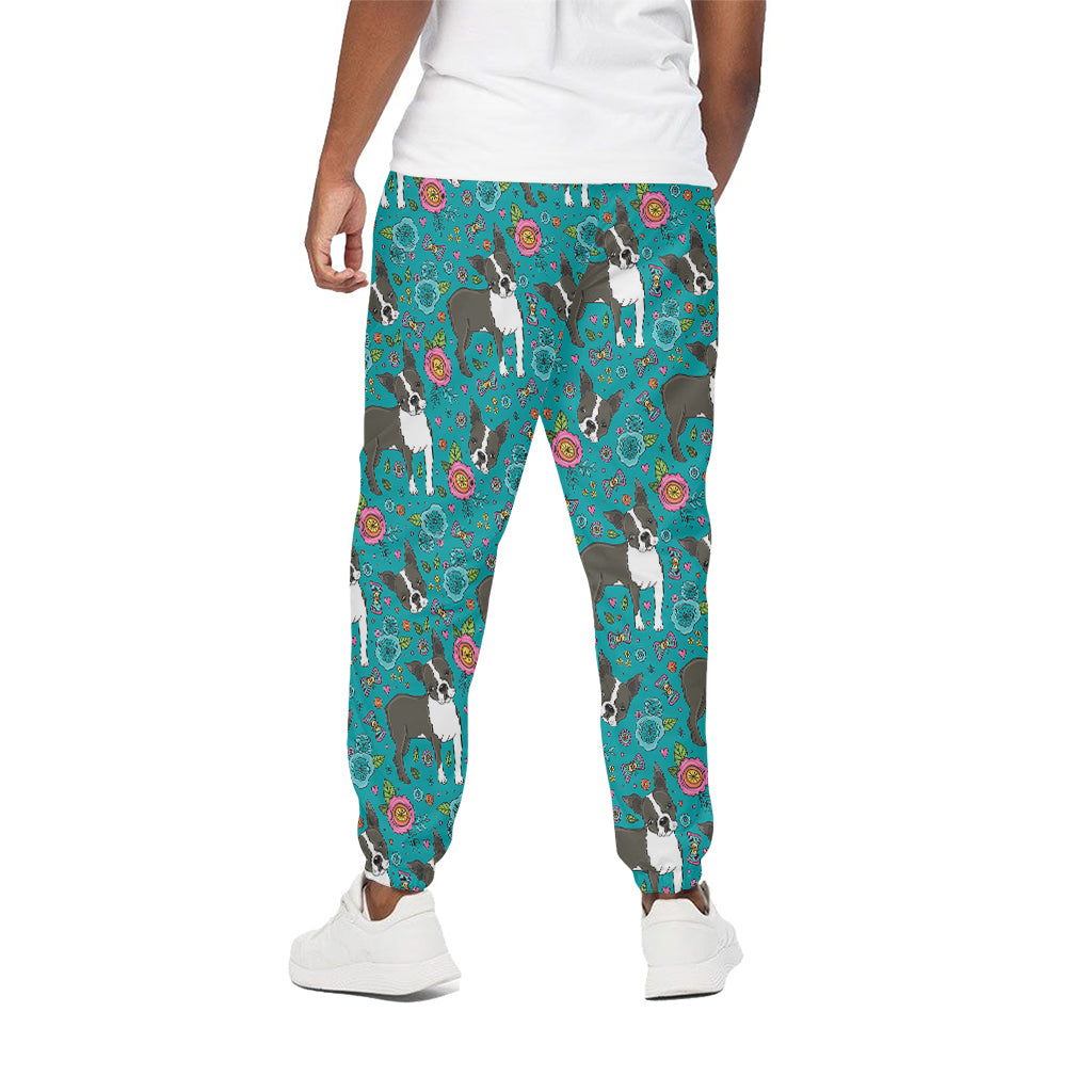 Cartoon Boston Terrier Flower Print Cotton Pants