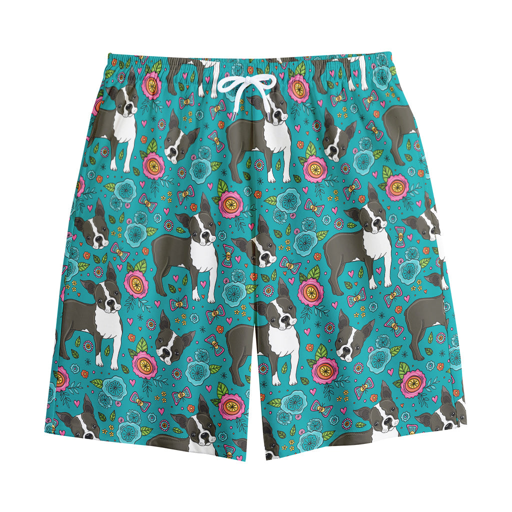 Cartoon Boston Terrier Flower Print Cotton Shorts