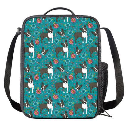Cartoon Boston Terrier Flower Print Crossbody Lunch Bag