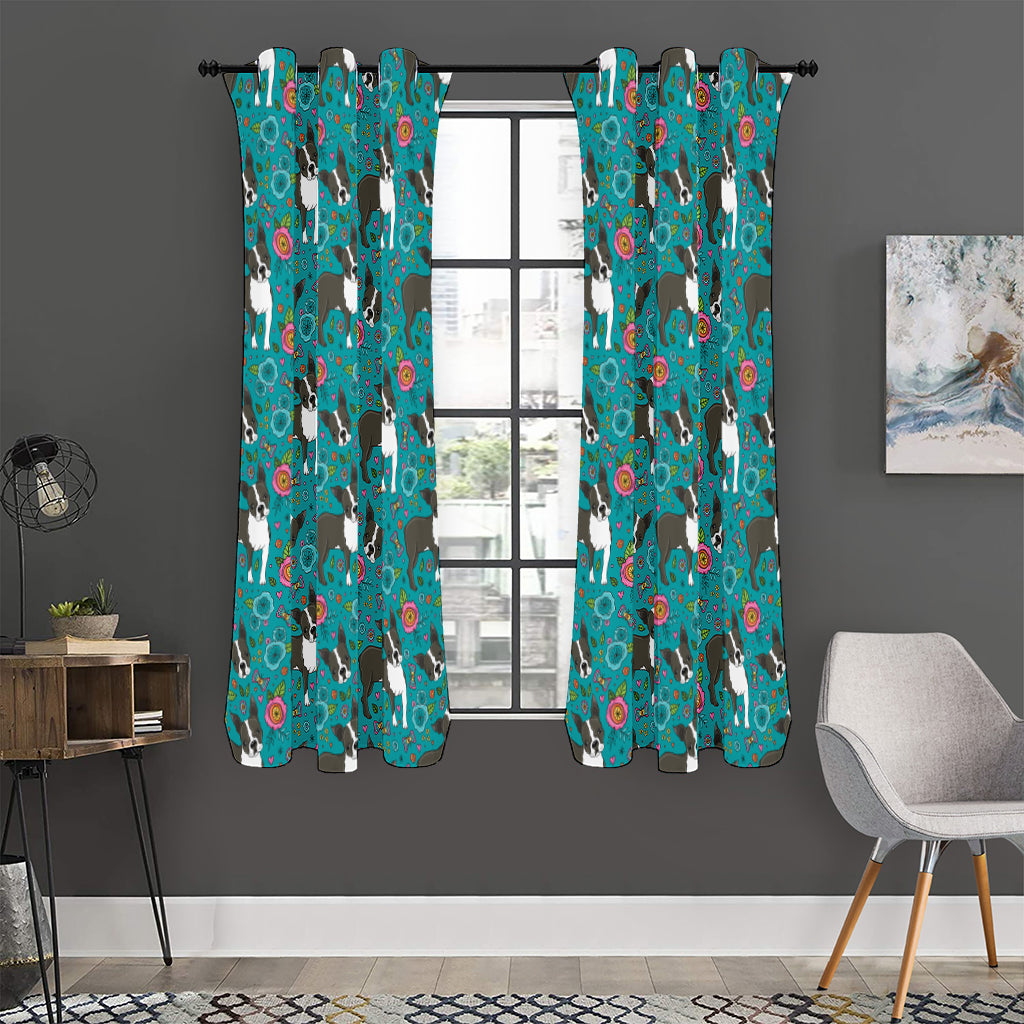 Cartoon Boston Terrier Flower Print Curtain