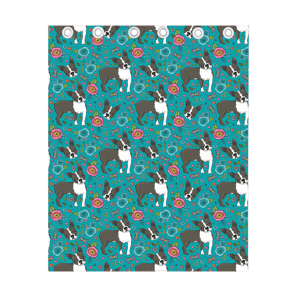 Cartoon Boston Terrier Flower Print Curtain