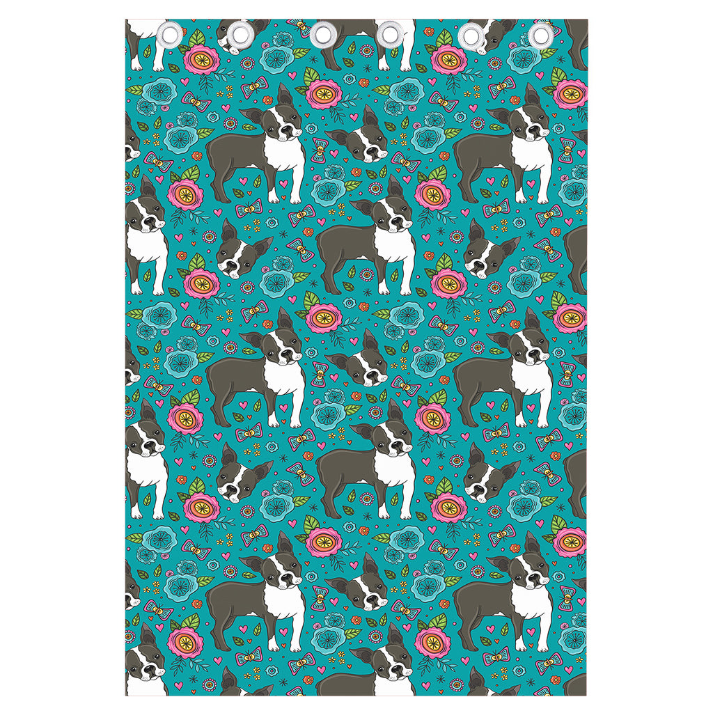 Cartoon Boston Terrier Flower Print Curtain