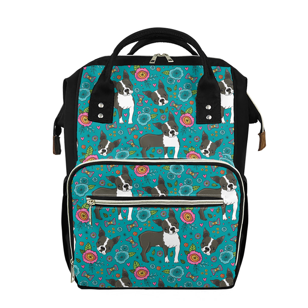 Cartoon Boston Terrier Flower Print Diaper Bag