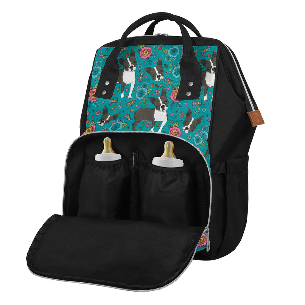 Cartoon Boston Terrier Flower Print Diaper Bag