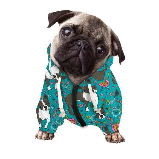 Cartoon Boston Terrier Flower Print Dog Zip Up Hoodie