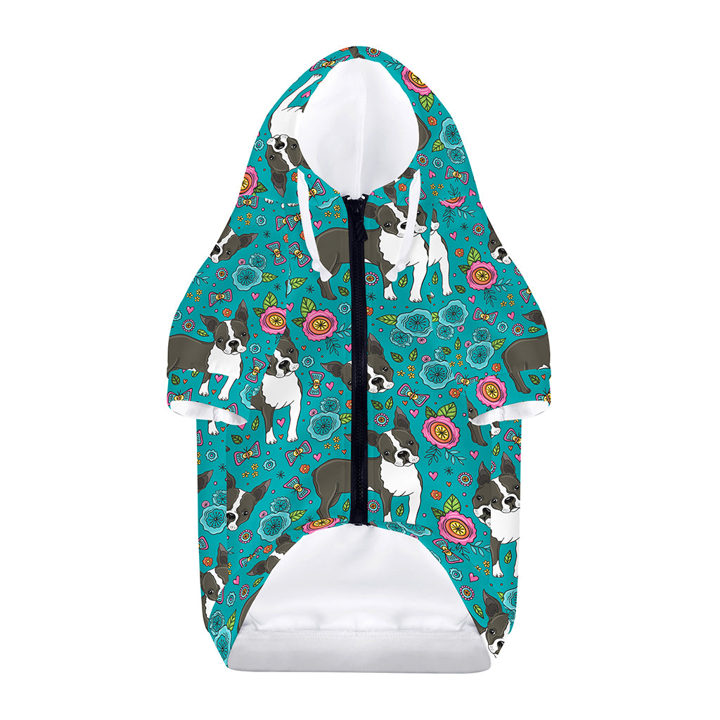 Cartoon Boston Terrier Flower Print Dog Zip Up Hoodie
