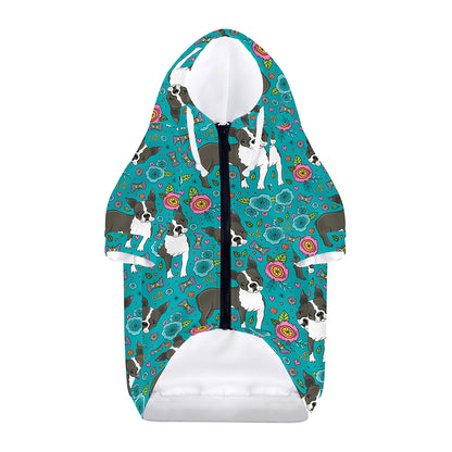 Cartoon Boston Terrier Flower Print Dog Zip Up Hoodie