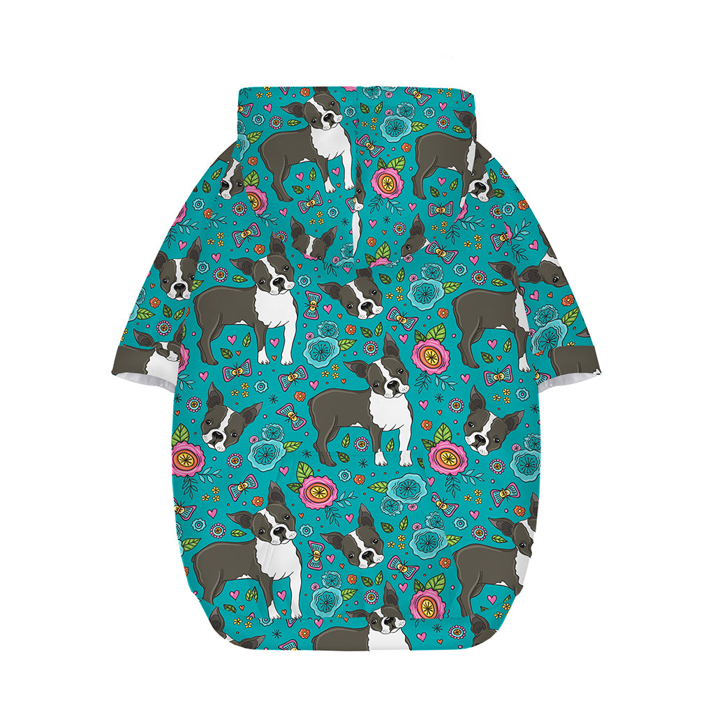 Cartoon Boston Terrier Flower Print Dog Zip Up Hoodie