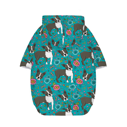 Cartoon Boston Terrier Flower Print Dog Zip Up Hoodie