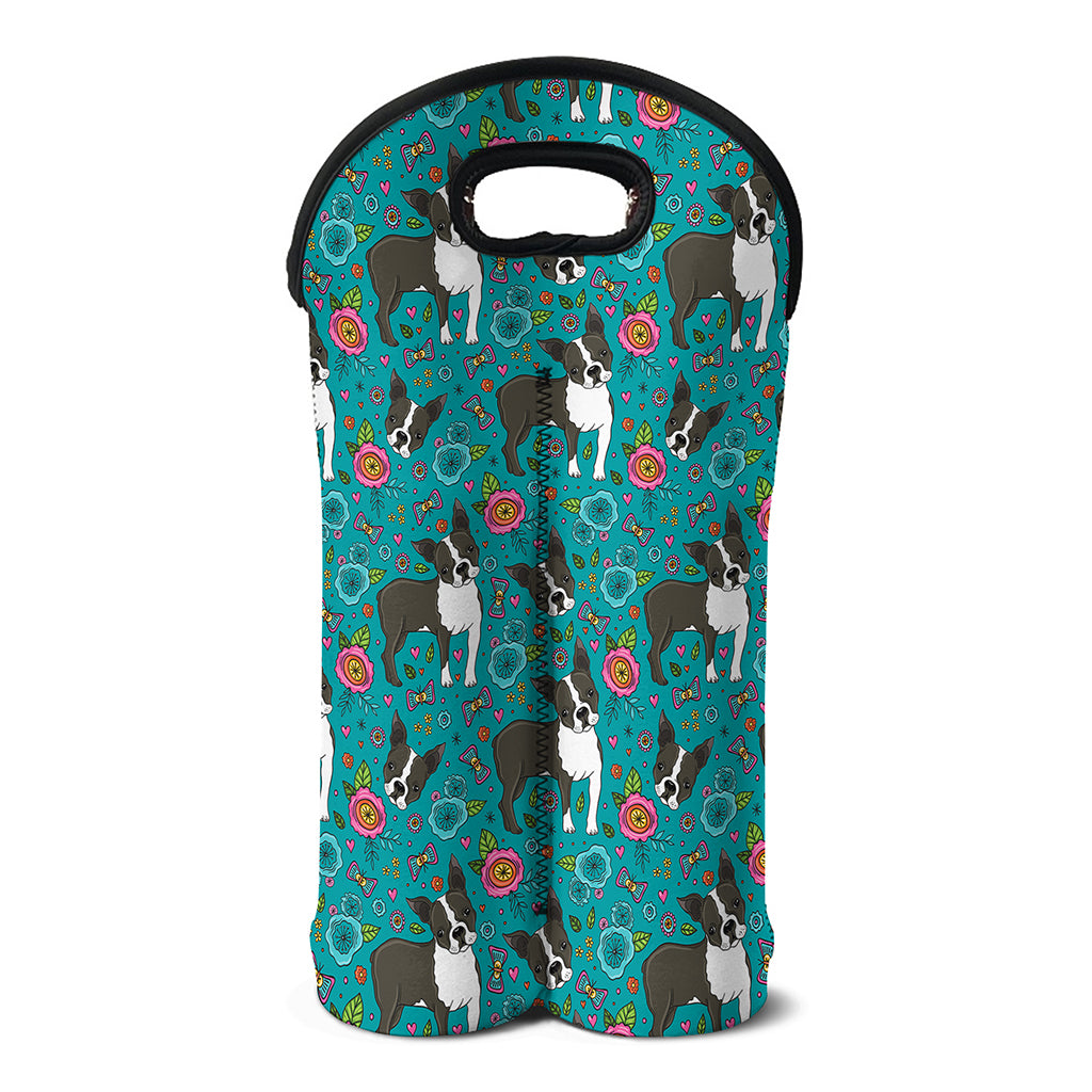 Cartoon Boston Terrier Flower Print Double Neoprene Wine Tote