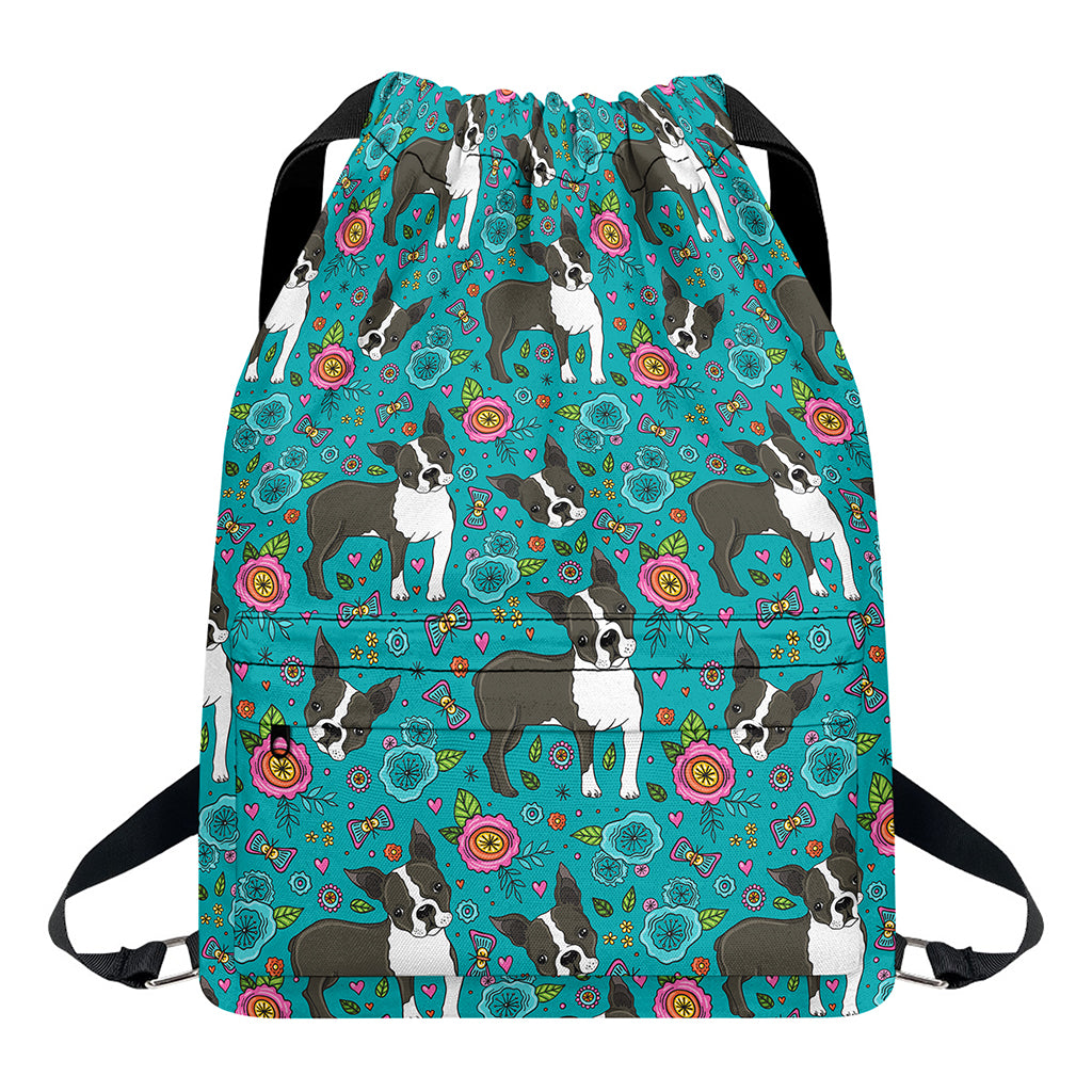 Cartoon Boston Terrier Flower Print Drawstring Backpack