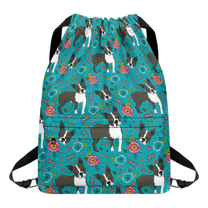 Cartoon Boston Terrier Flower Print Drawstring Backpack