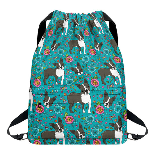 Cartoon Boston Terrier Flower Print Drawstring Backpack