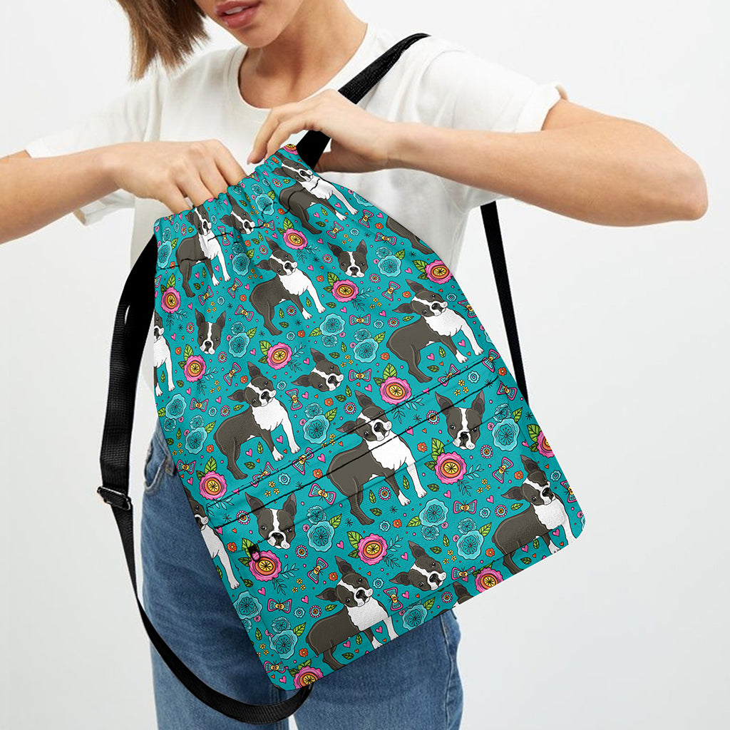 Cartoon Boston Terrier Flower Print Drawstring Backpack