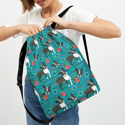 Cartoon Boston Terrier Flower Print Drawstring Backpack