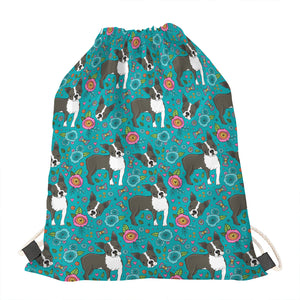 Cartoon Boston Terrier Flower Print Drawstring Bag