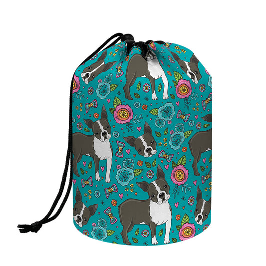 Cartoon Boston Terrier Flower Print Drawstring Makeup Bag