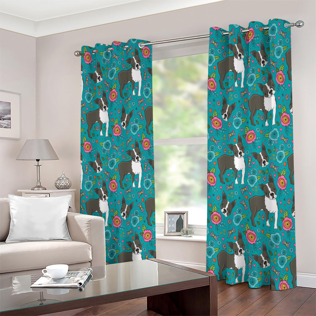 Cartoon Boston Terrier Flower Print Extra Wide Grommet Curtains