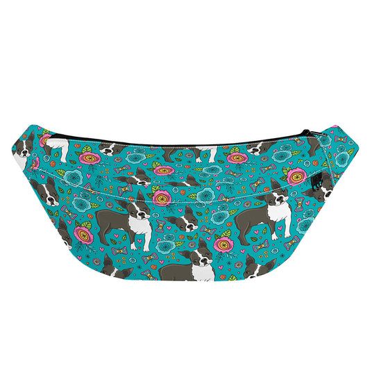 Cartoon Boston Terrier Flower Print Fanny Pack