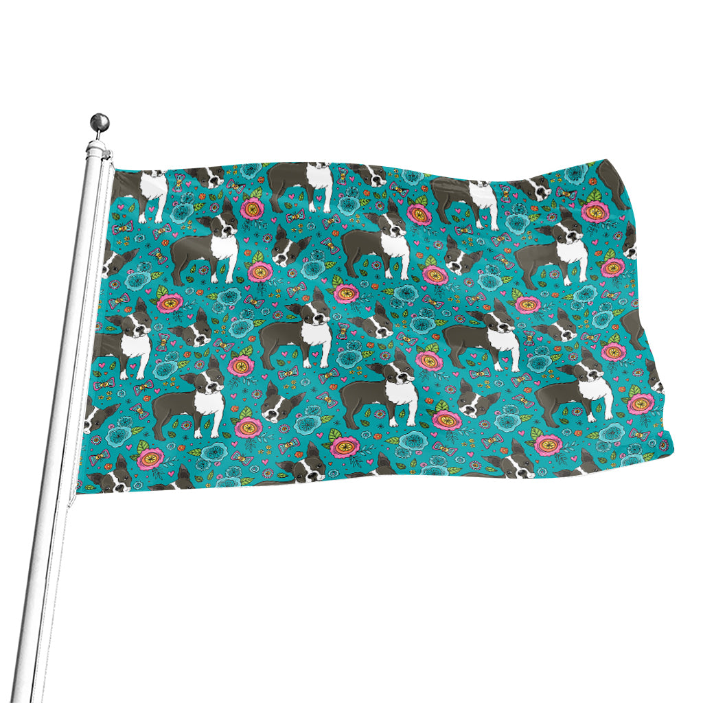 Cartoon Boston Terrier Flower Print Flag