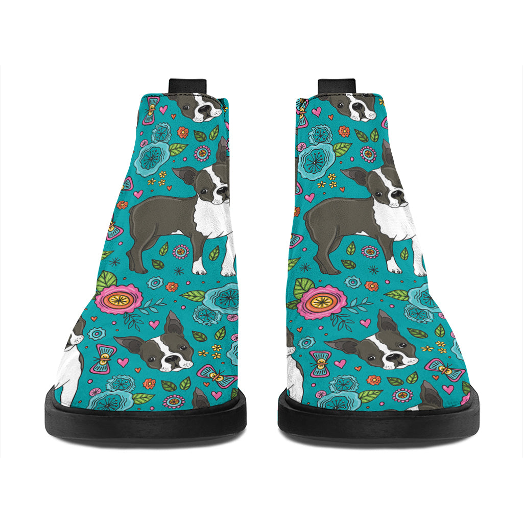 Cartoon Boston Terrier Flower Print Flat Ankle Boots