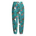 Cartoon Boston Terrier Flower Print Fleece Lined Knit Pants