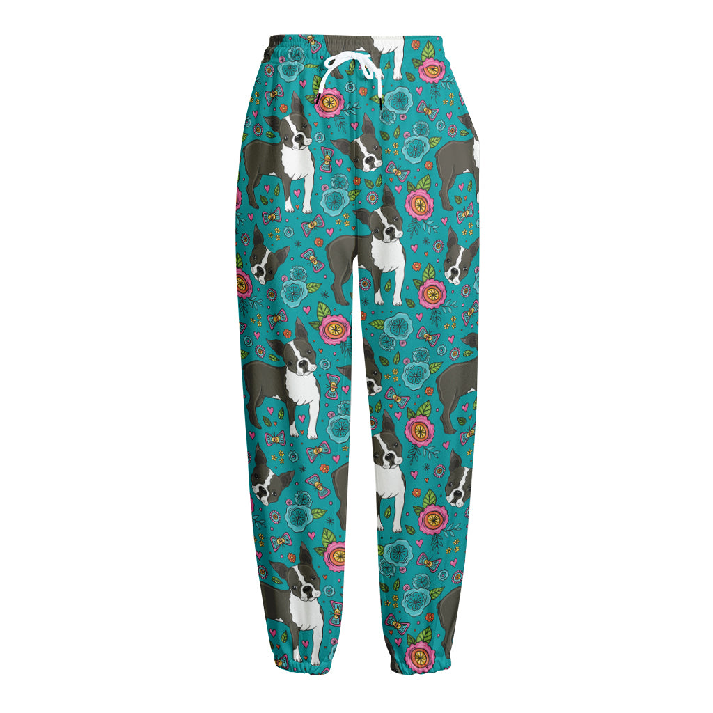 Cartoon Boston Terrier Flower Print Fleece Lined Knit Pants