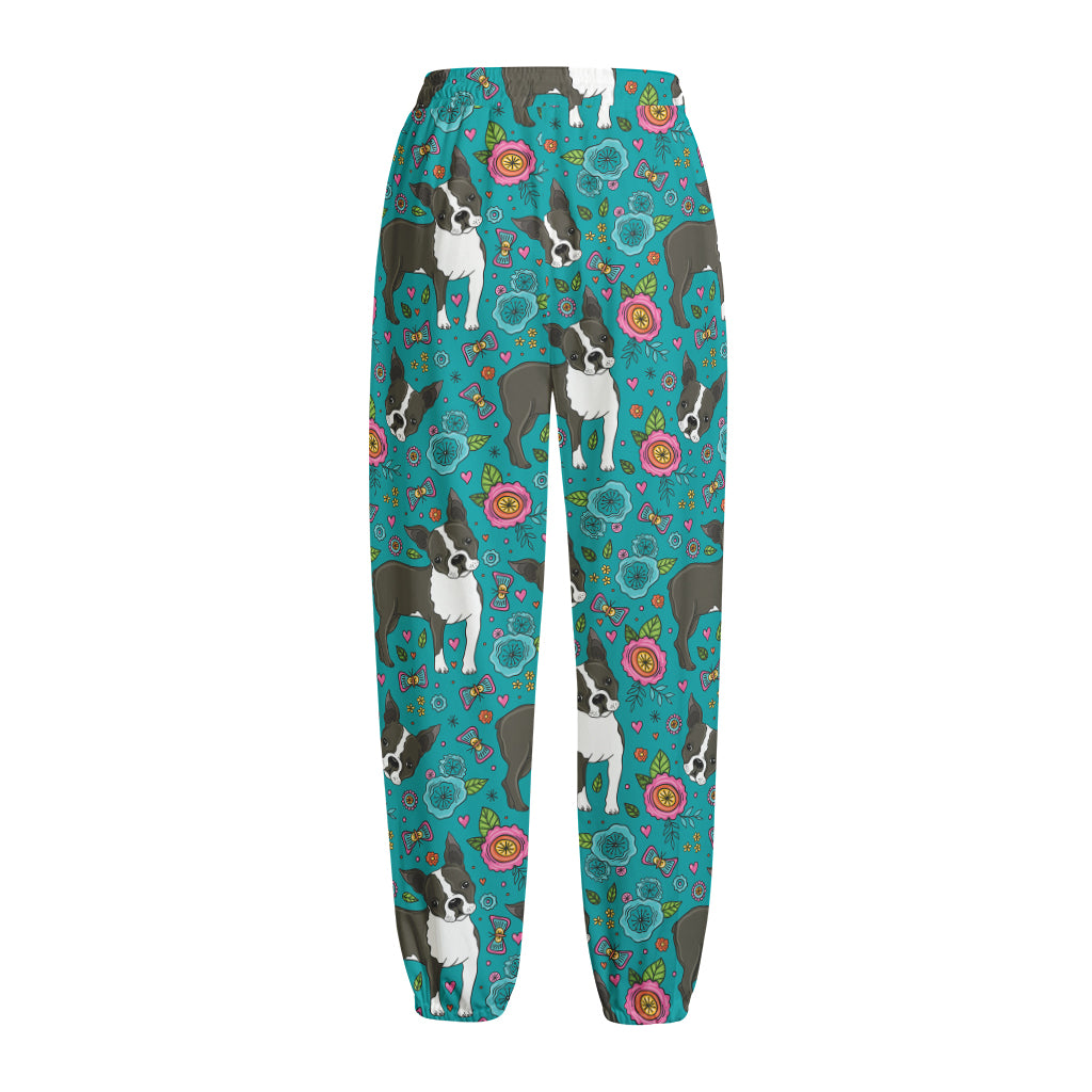 Cartoon Boston Terrier Flower Print Fleece Lined Knit Pants